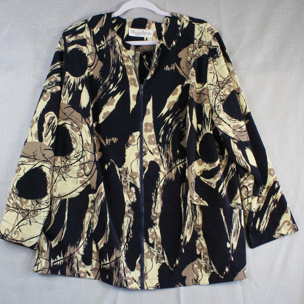 Maggie Barnes Abstract Print Zip Up Jacket Plus Size Black Tan Minimalist Y2K
